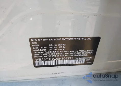 2014 BMW 328I z USA, uszkodzony, nr VIN WBA3C1C52EK105231